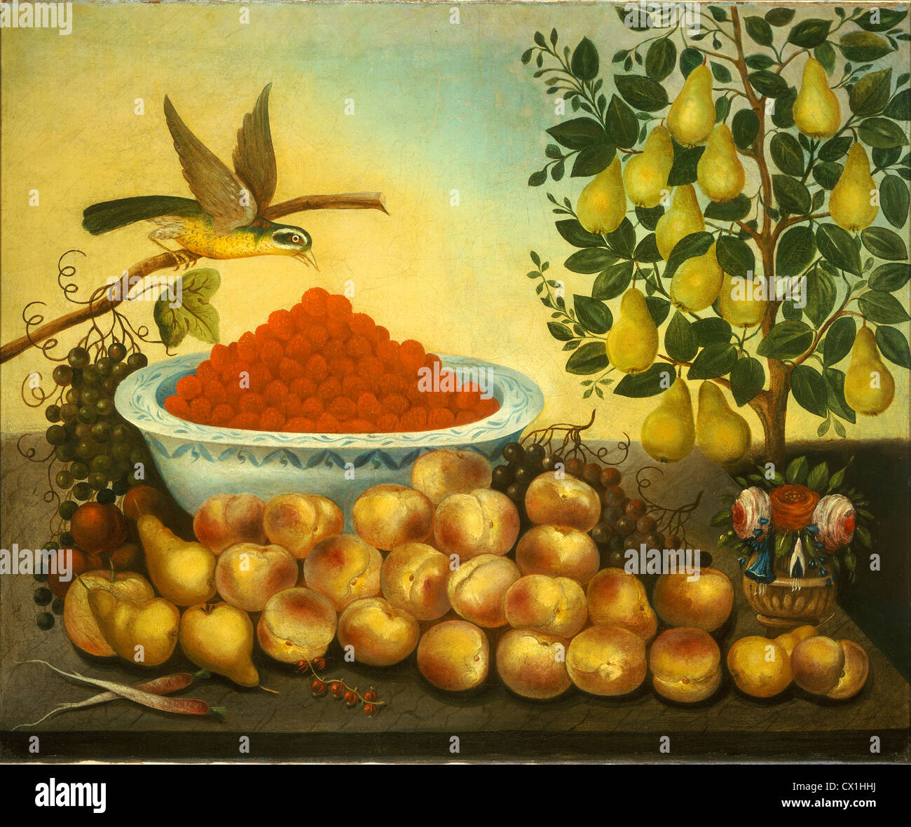 Carlo V. Bond, Still Life: frutta, uccelli, e Nano Pear Tree, americano, c. 1825 - 1864 o dopo, 1856, olio su tela Foto Stock