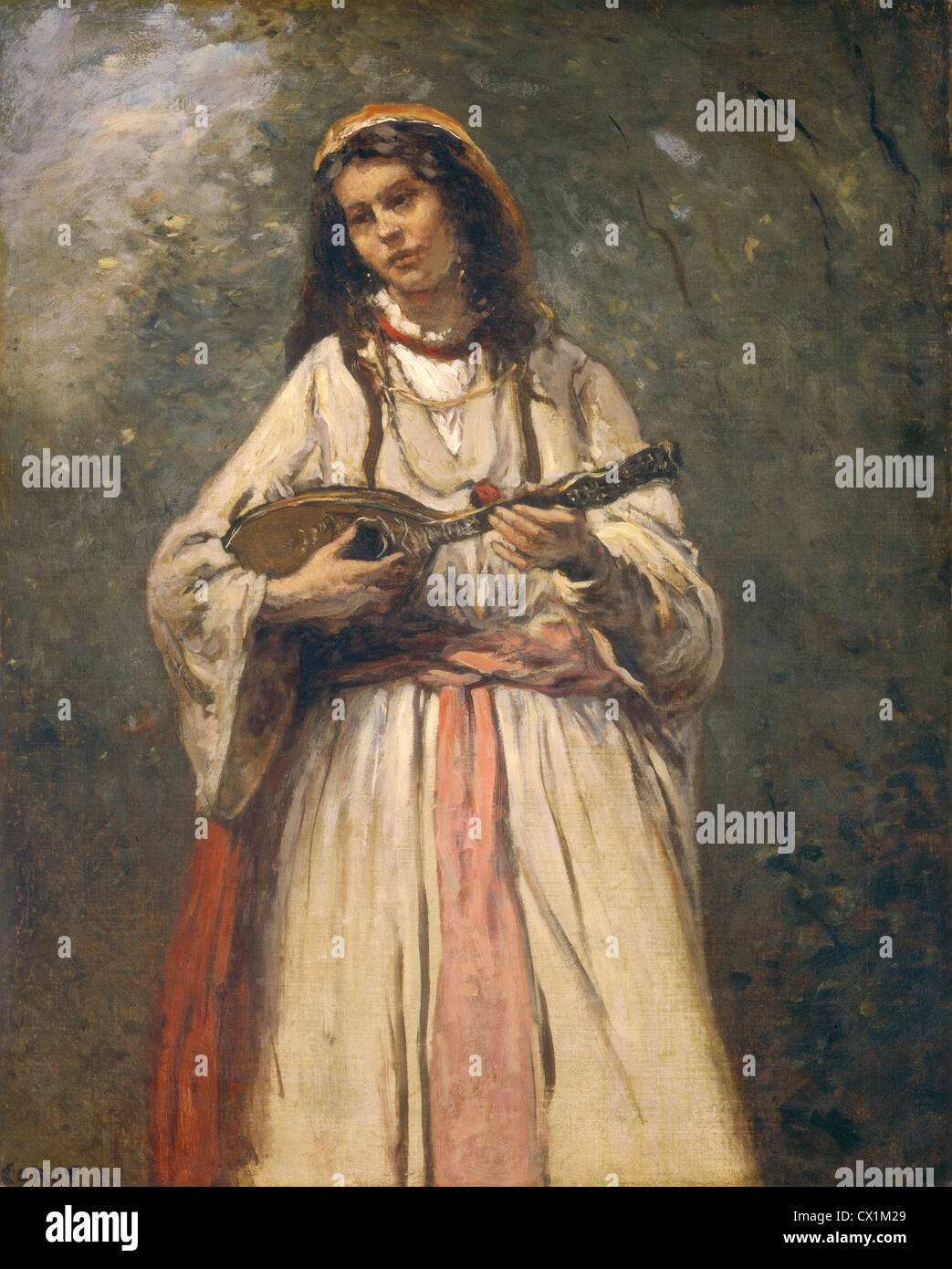Jean-Baptiste-Camille Corot (francese, 1796 - 1875 ), ragazza gitana con mandolino, c. 1870, olio su tela Foto Stock