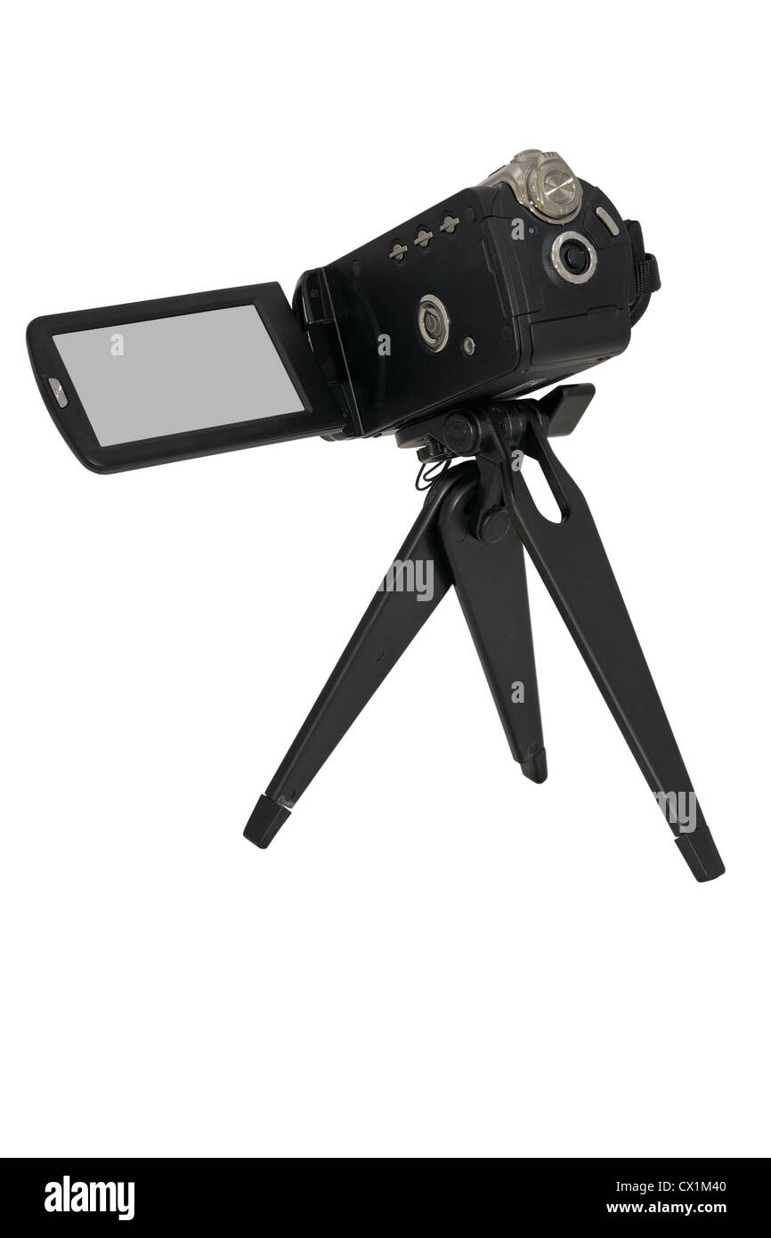 La videocamera, fotocamera digitale, attrezzature, film, hobby, immagine, isolato, lente, filmato, obiettivo, su bianco, ottico, passatempo, foto Foto Stock
