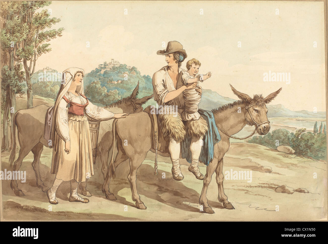 Bartolomeo Pinelli (italiano, 1781 - 1835 ), una famiglia contadina con il loro asino, acquerello su Grafite su carta intessuta Foto Stock