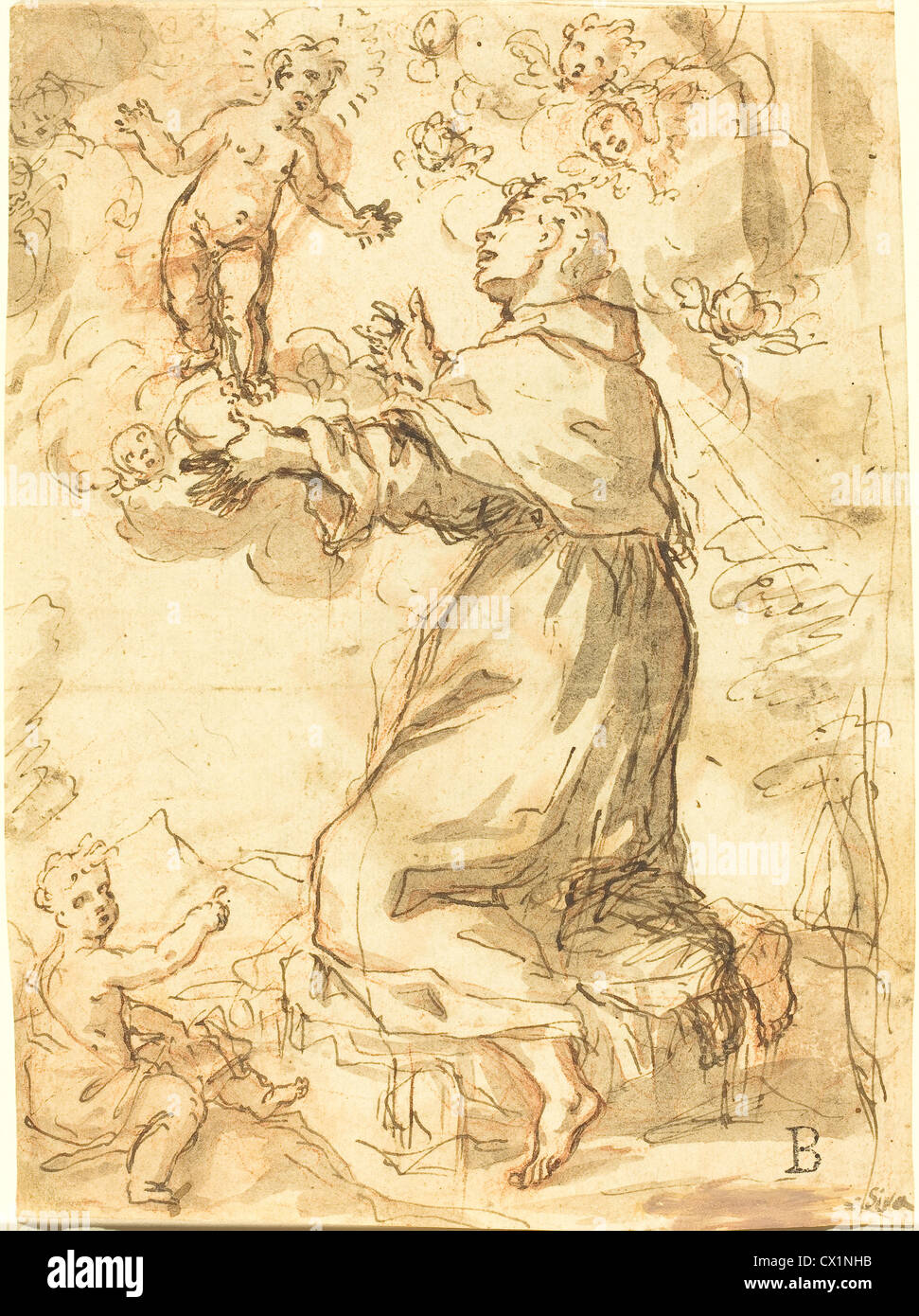 Elisabetta Sirani (italiano, 1638 - 1665 ), San Francesco adorare Cristo Bambino, , penna e inchiostro bruno, con lavaggio nero su rosso Foto Stock