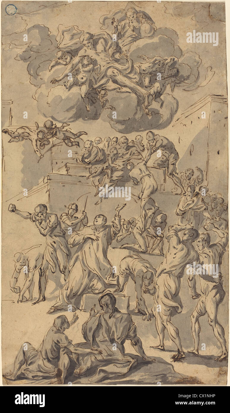 Joseph Parrocel (francese, 1646 - 1704 ), la lapidazione di Santo Stefano, penna e inchiostro bruno, con lavaggio grigio su cui la carta Foto Stock