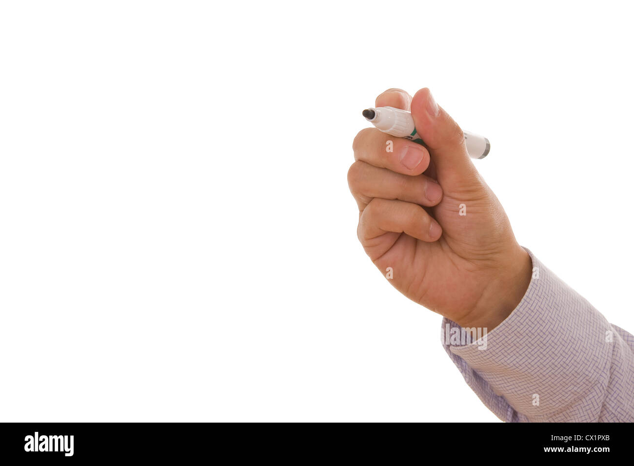 Uomo con una penna isolata su un bianco sfondi con spazio per il testo Foto Stock