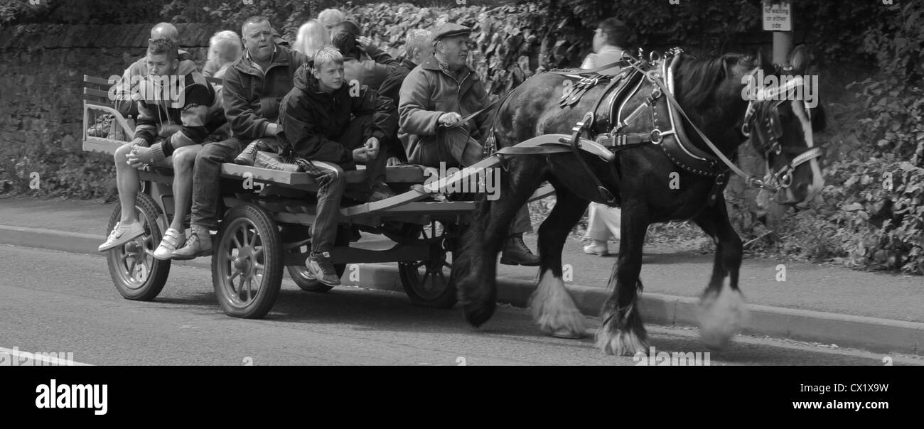 Un cavallo e un carrello di trasporto persone intorno a un gypsy horse fair in Appleby, Westmorland, nord ovest Inghilterra Foto Stock