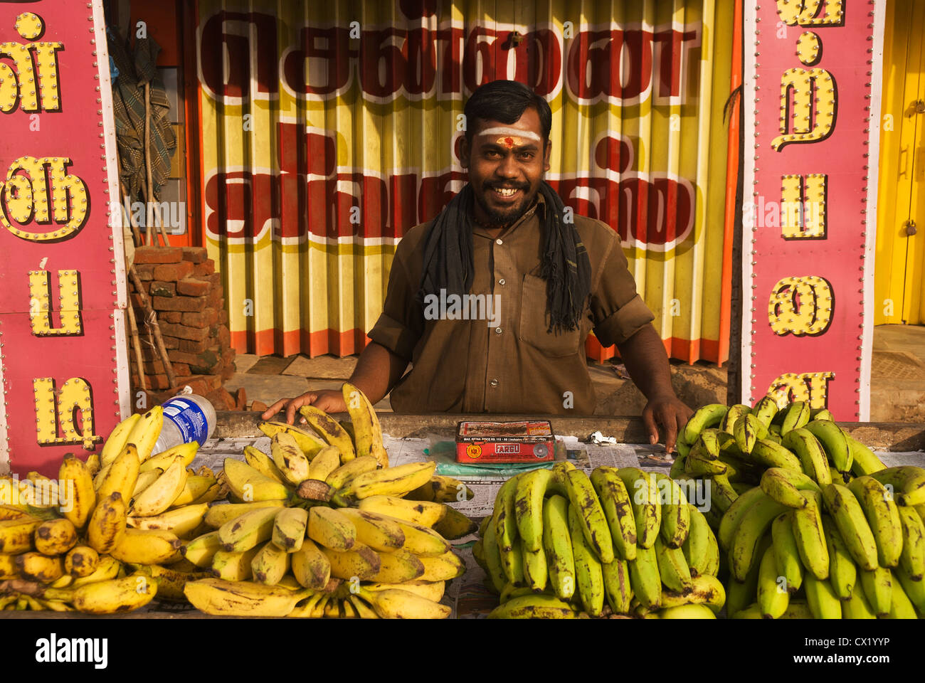 Elk201-4622 India, nello Stato del Tamil Nadu, Thanjavur, fornitore di frutta Foto Stock