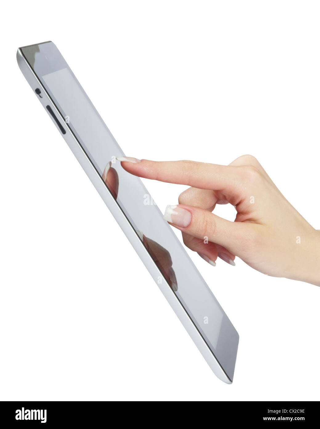 Donna punto a mano su elettronico moderno cornice digitale con schermo vuoto Foto Stock