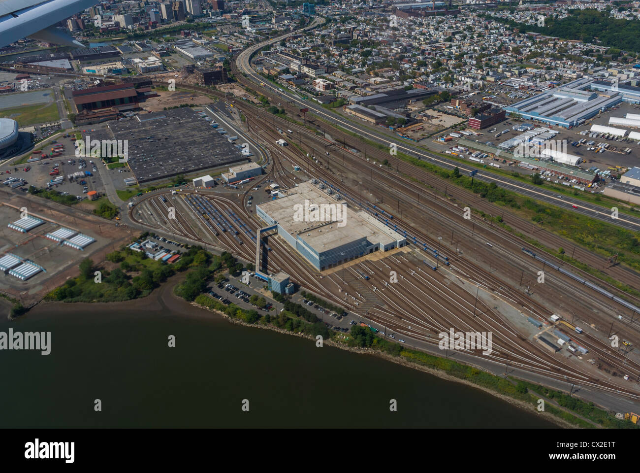 Panoramiche, antenne, del New Jersey, Newark, cantieri del treno, le tracce Foto Stock