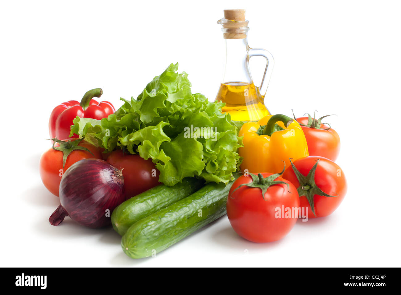 Verdure fresche e olio di vita ancora isolato Foto Stock