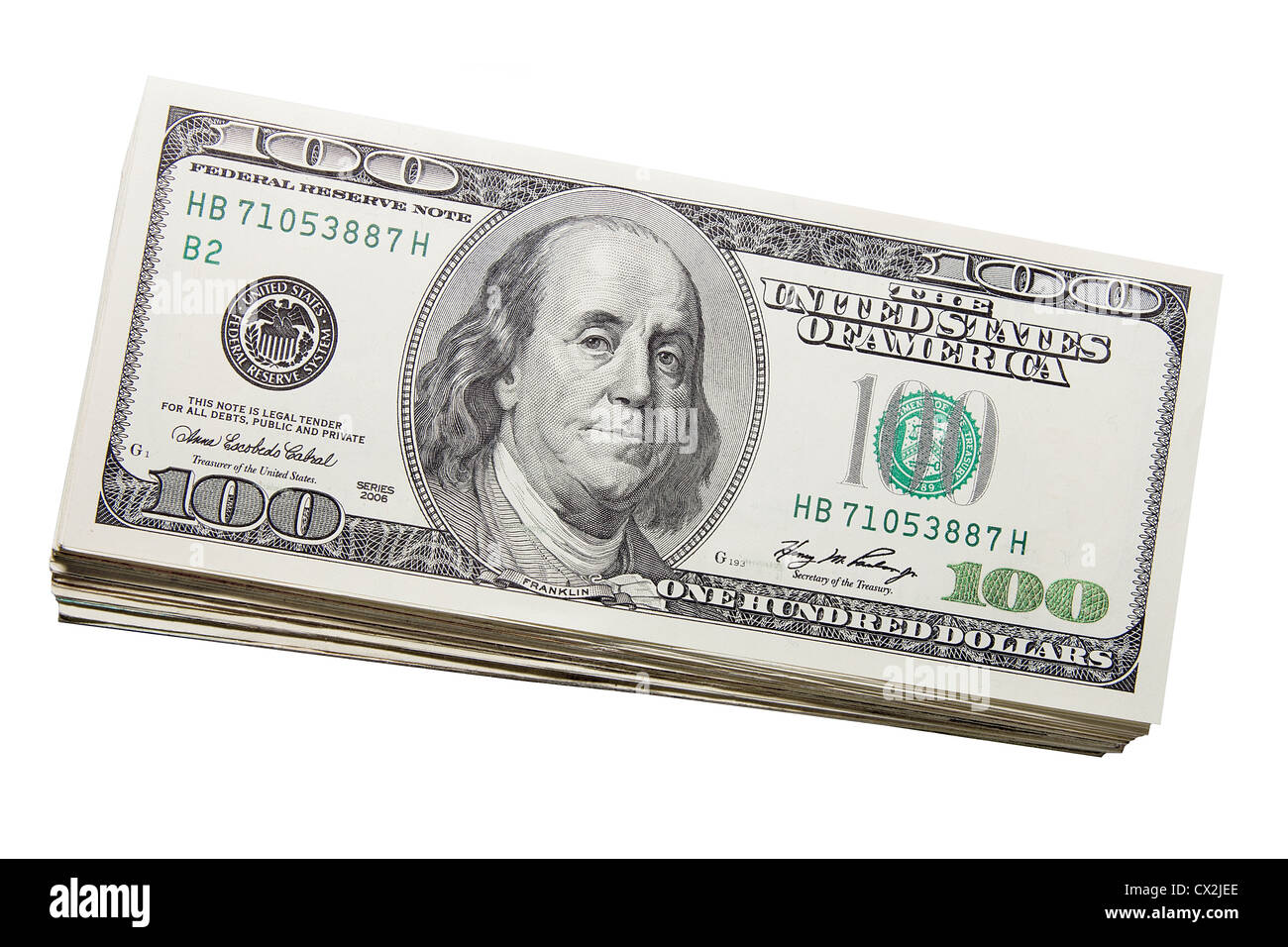 Pila di noi banconote da cento dollari banconote isolati su sfondo bianco Foto Stock