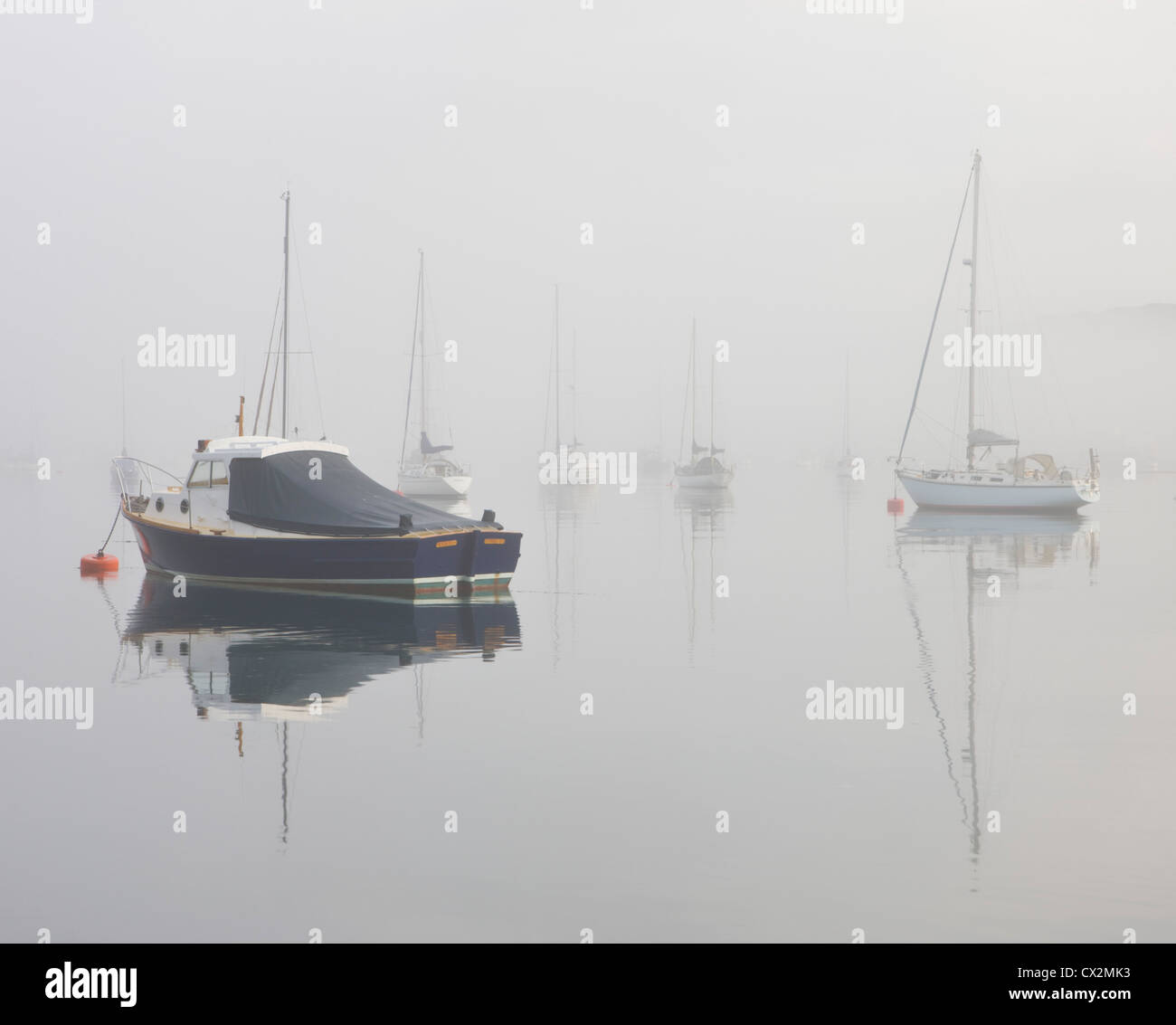 Barche nella nebbia in Kingsbridge estuario, Salcombe, Sud prosciutti, Devon, Inghilterra. In autunno (settembre 2010). Foto Stock