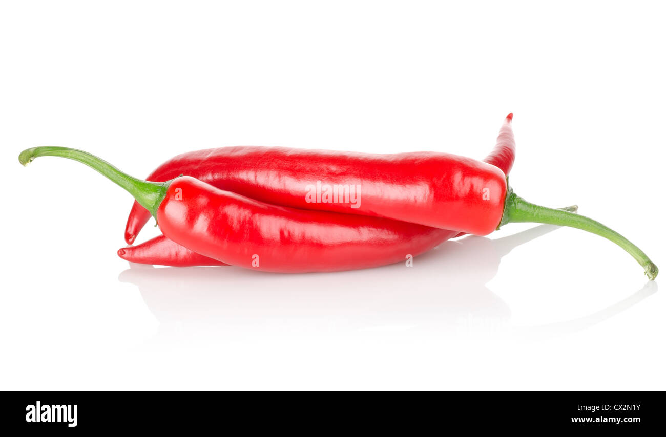Tre chili peppers isolato su uno sfondo bianco Foto Stock