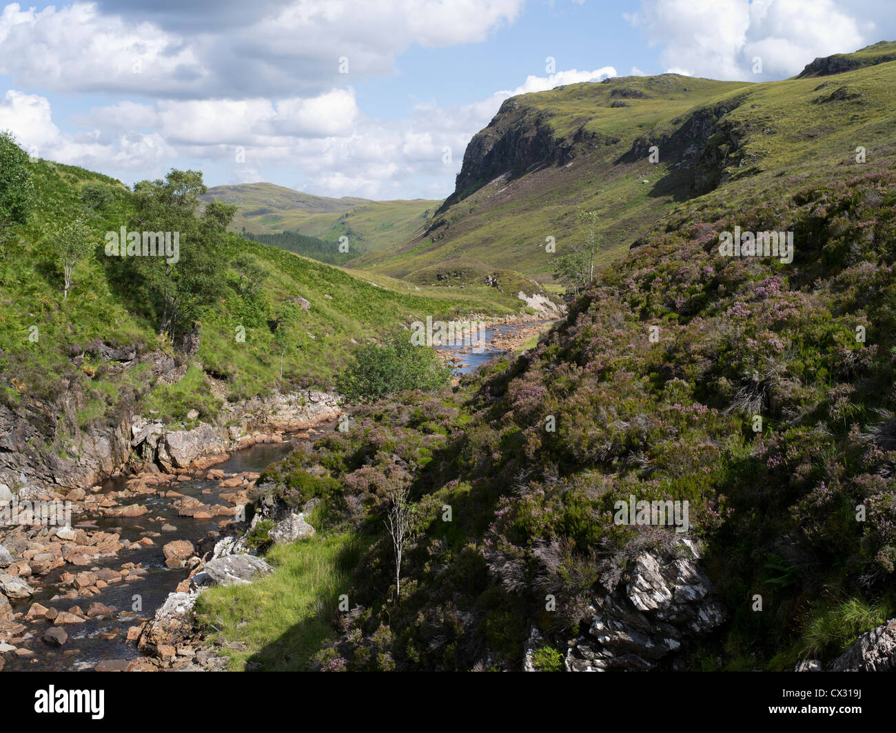 dh glen DUNDONNELL RIVER SUTHERLAND Scottish Highland Scenic glen Mountain heather campagna highlands flusso paesaggio scozia Foto Stock