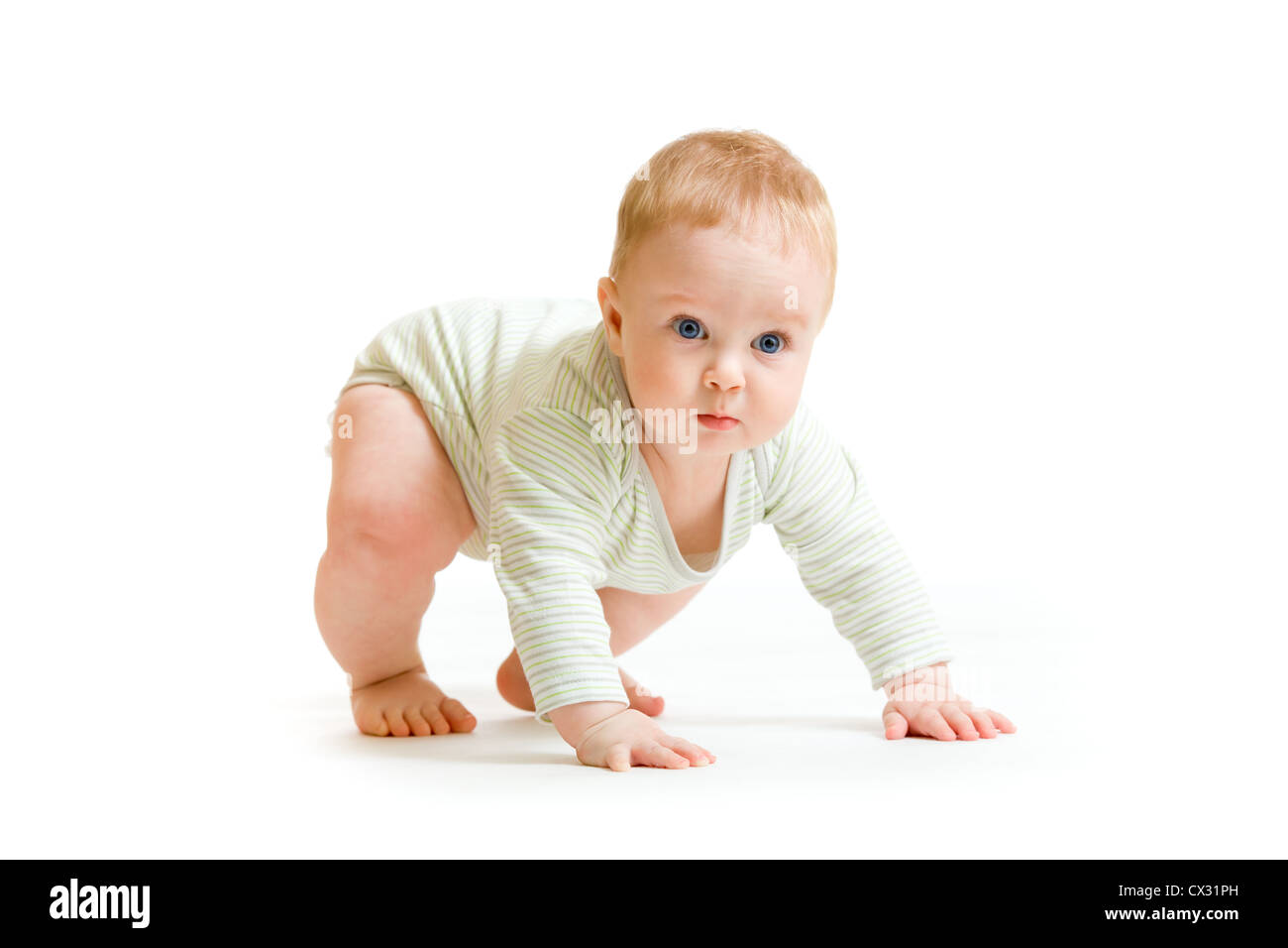 Baby boy toddler isolato cercando di alzarsi in piedi Foto Stock