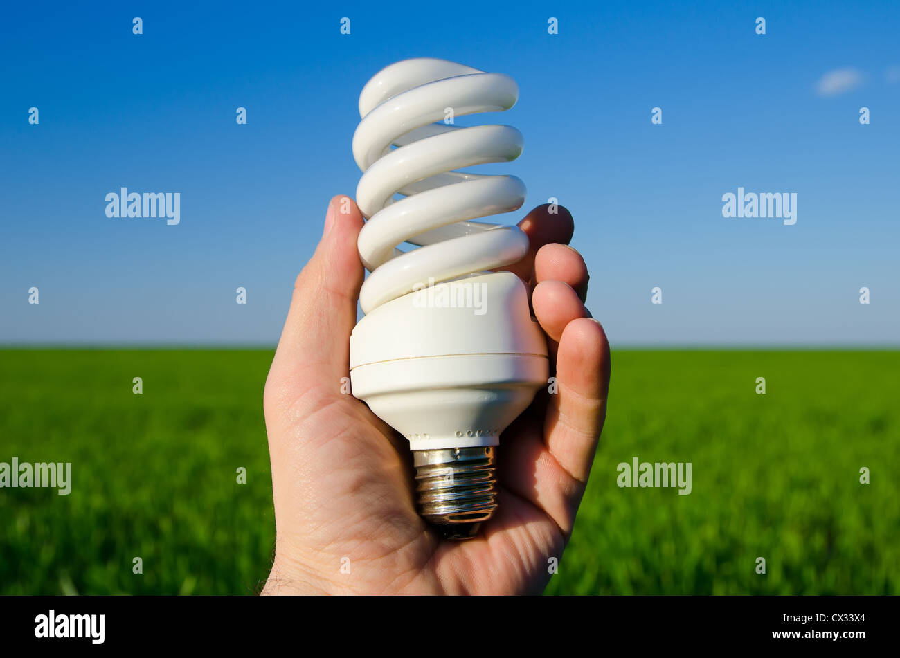 Lampadina a risparmio energetico a portata di mano Foto Stock