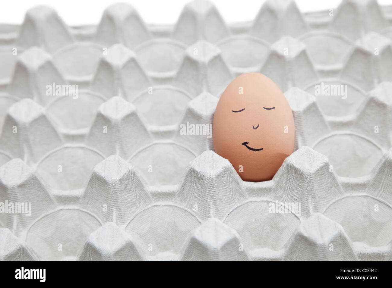 Faccia antropomorfa tracciata su marrone uovo in astuccio vuoto Foto Stock