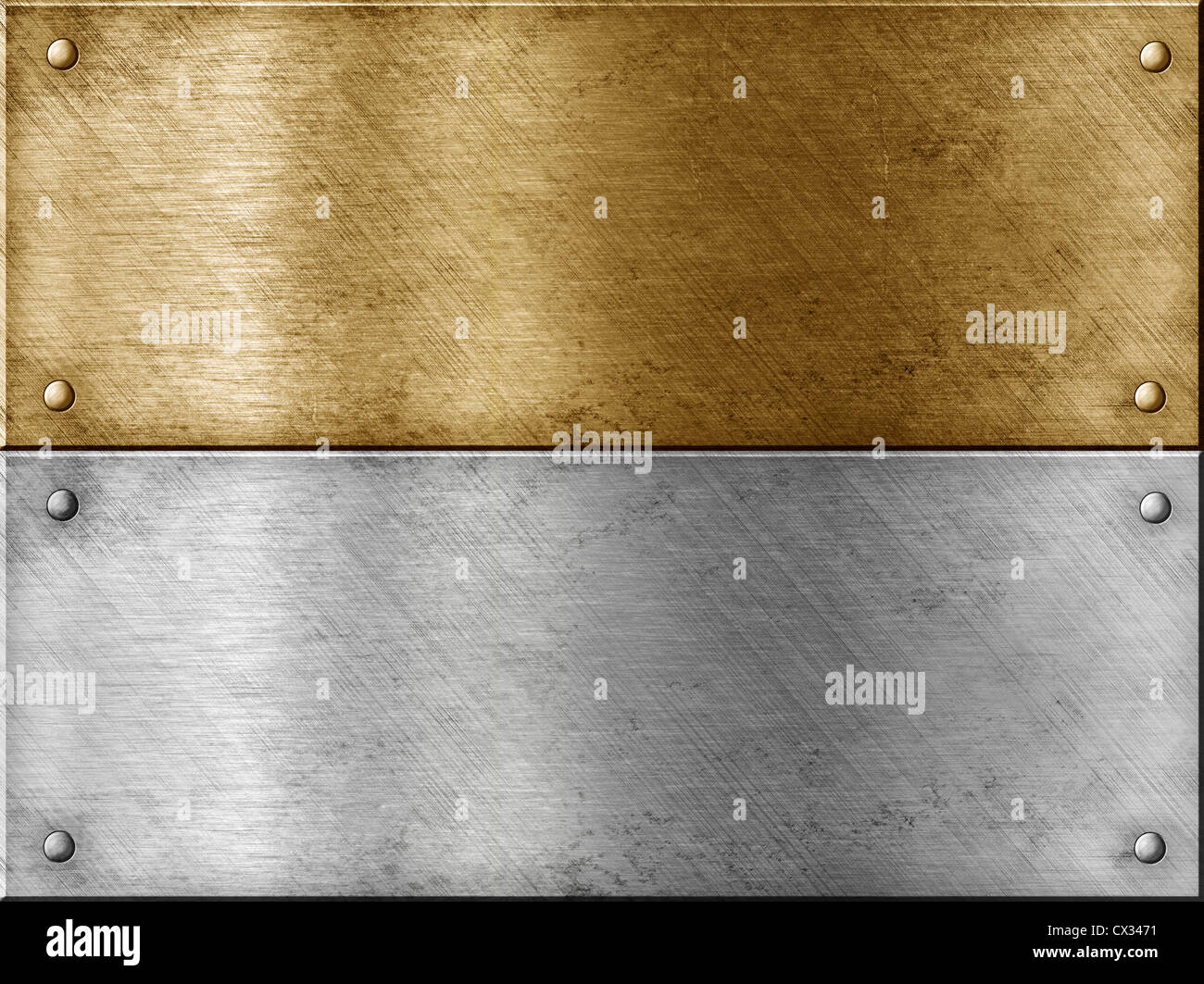 Piastre metalliche tra cui bronzo (rame) o in oro (ottone) e di acciaio Foto Stock