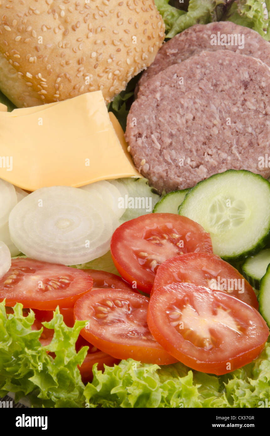 Ingredienti per fare una deliziosa hamburger Foto Stock