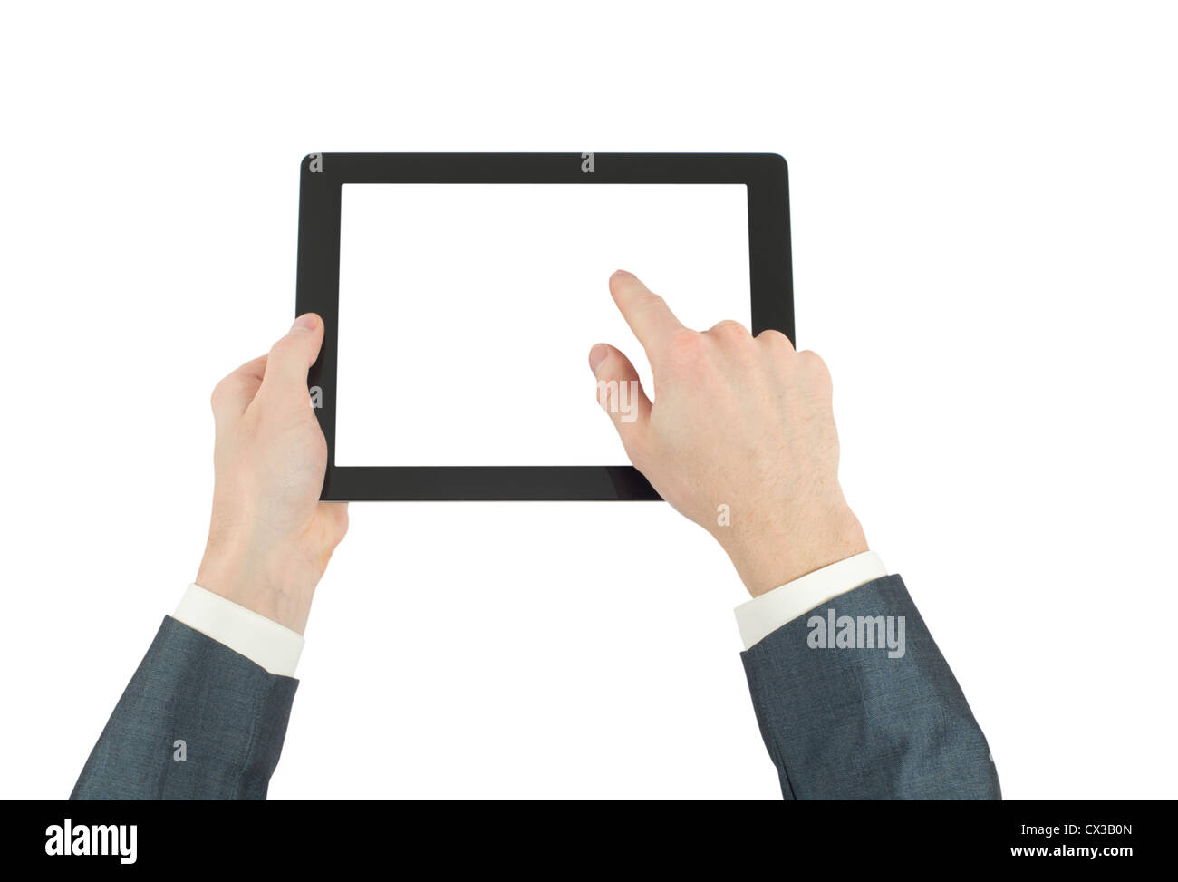 Mani con tablet pc su bianco Foto Stock