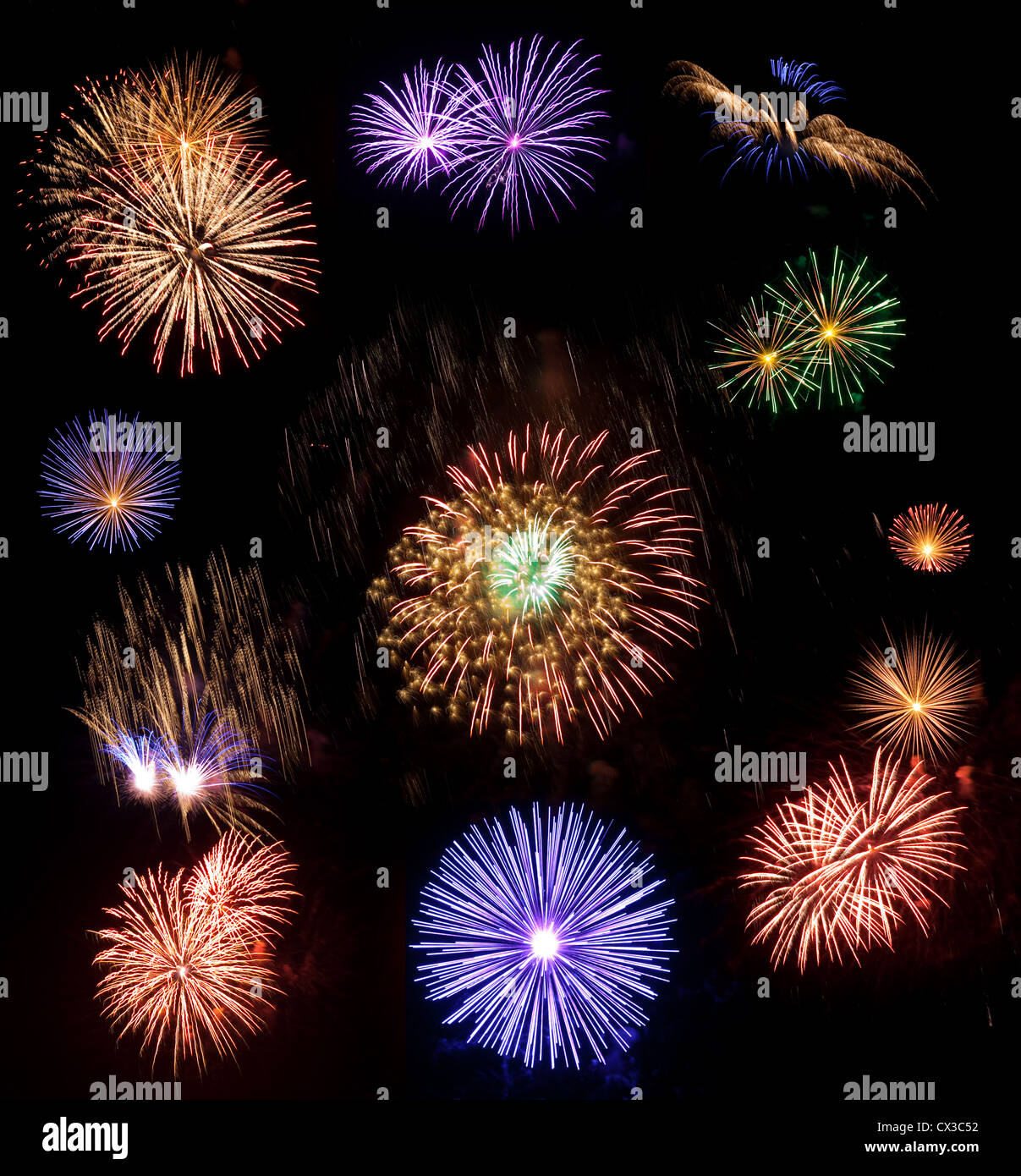 Grande raccolta di fuochi d'artificio reale isolato su sfondo nero Foto Stock