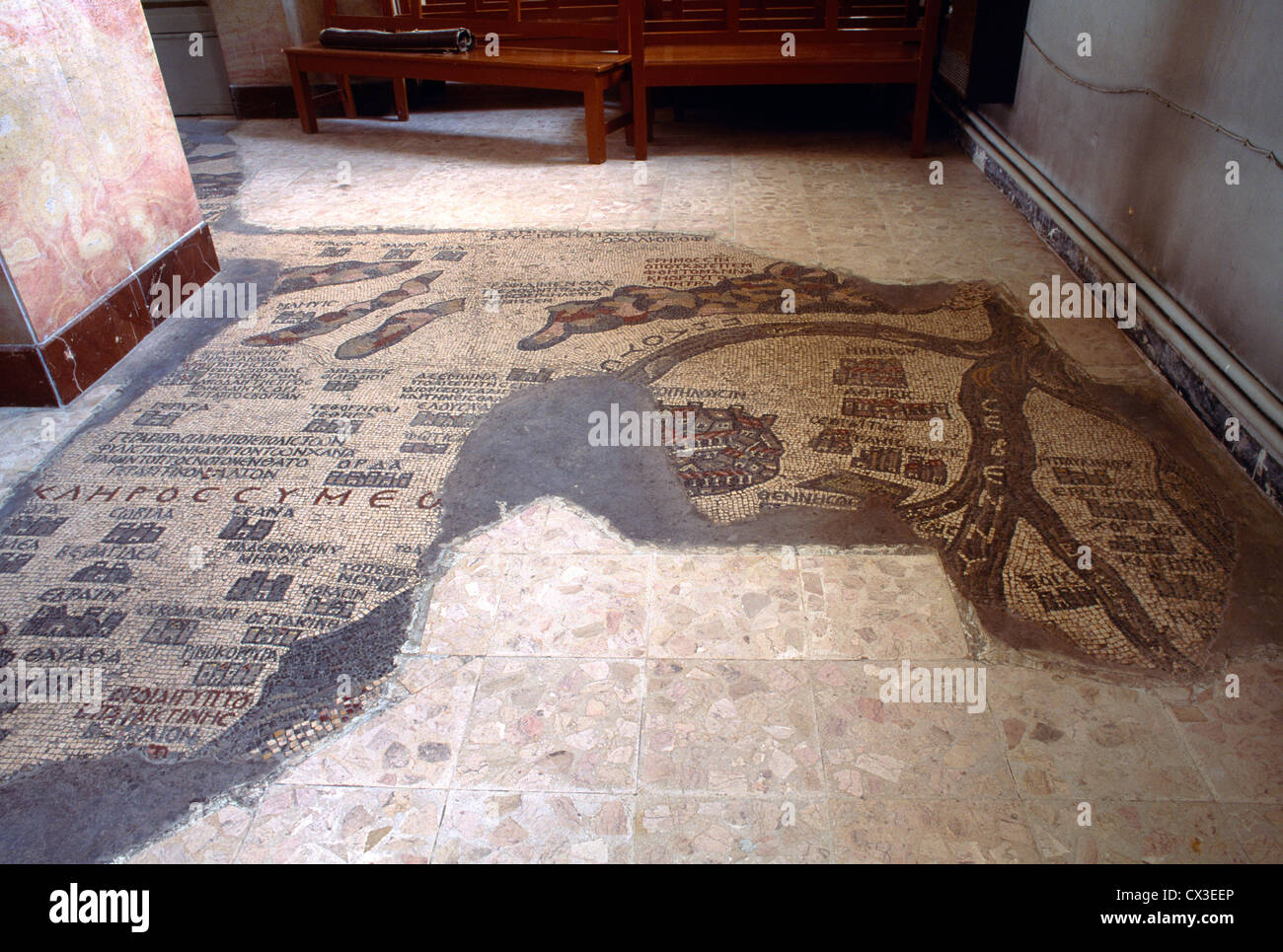Madaba Giordania Chiesa di San Giorgio Mappa Mosaica bizantina del Medio Oriente Foto Stock