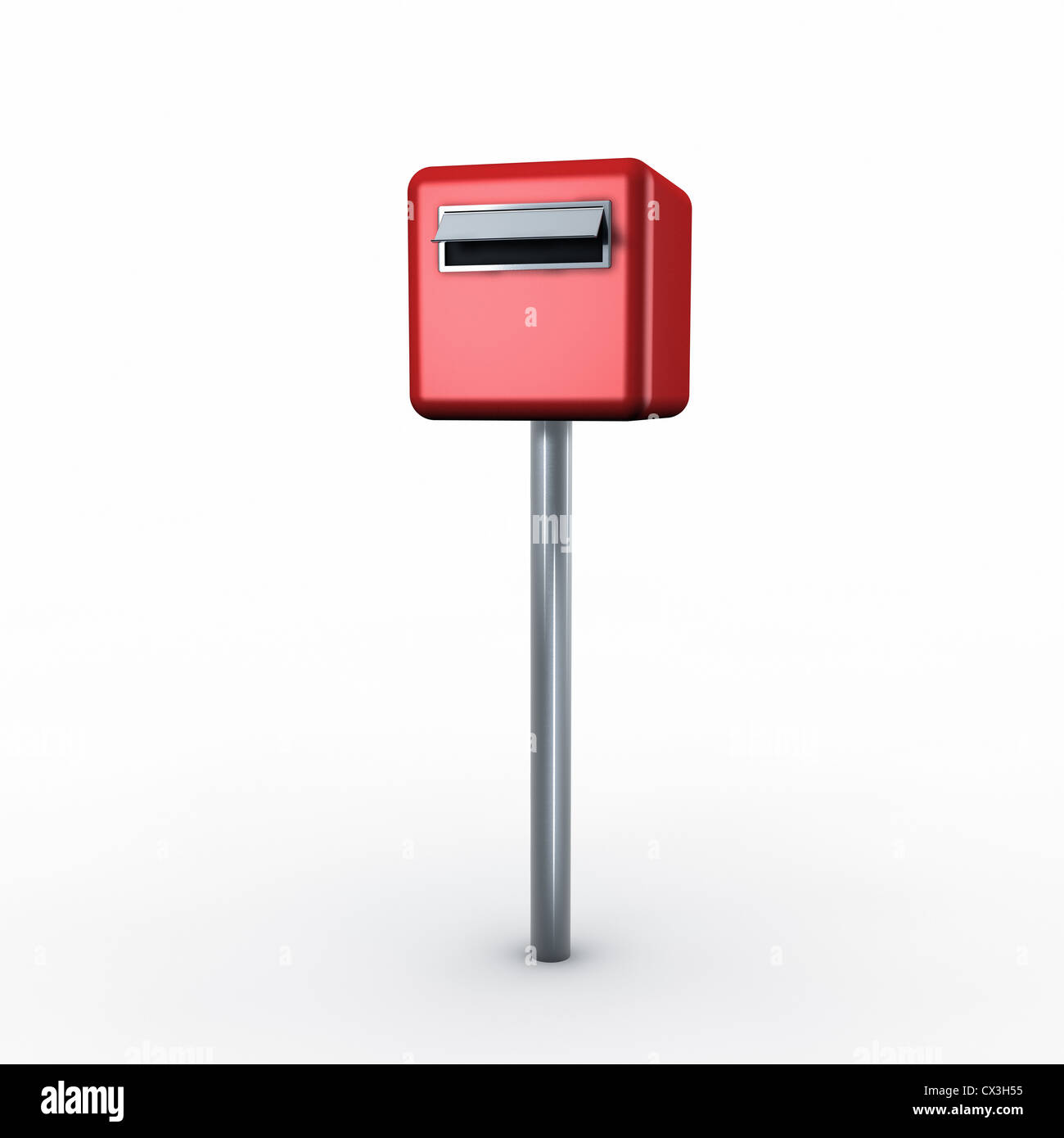 Roter Briefkasten auf einem Stahlpfosten auf weiß - letter box o una cassetta postale su sfondo bianco Foto Stock