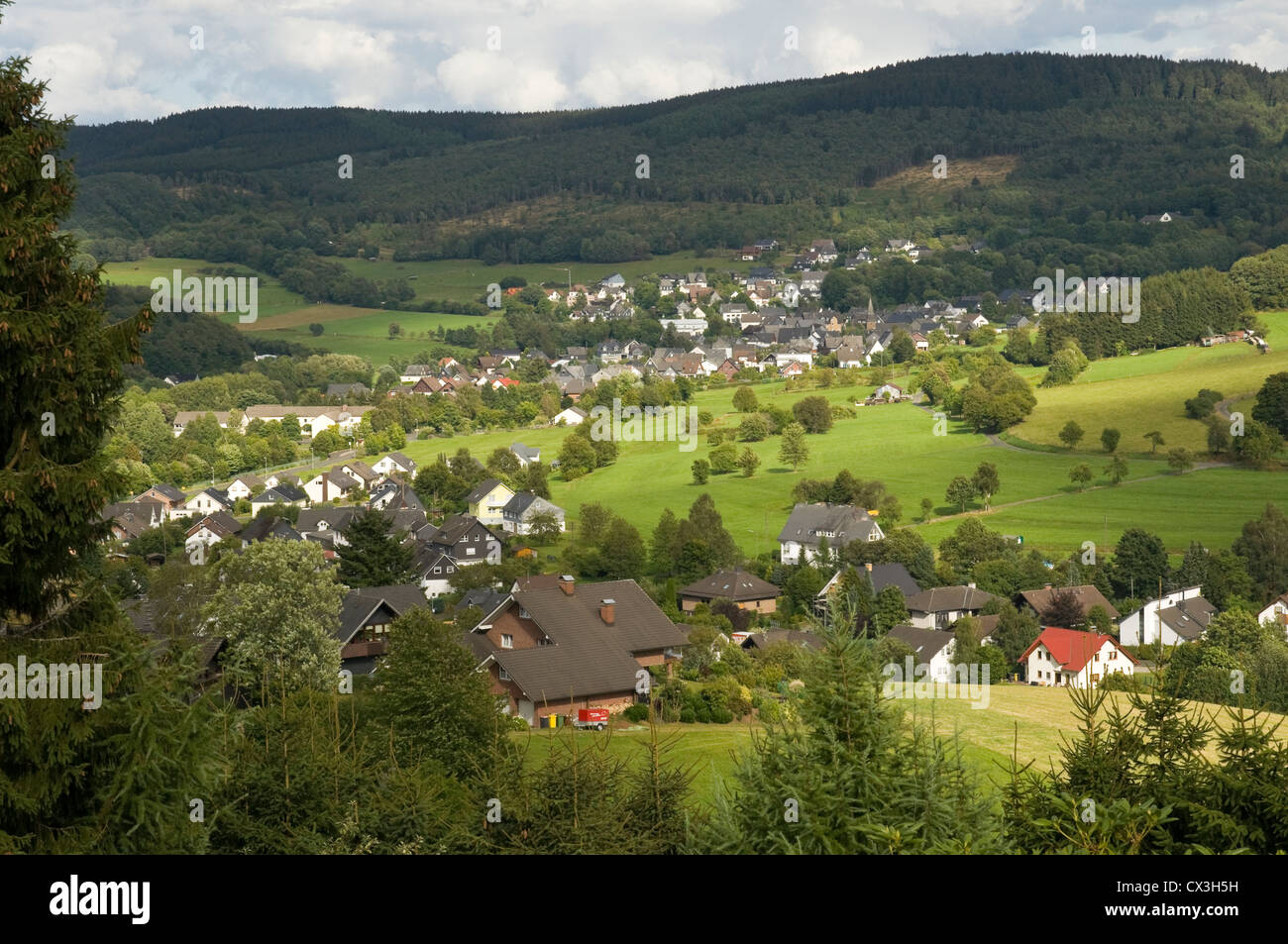 Vista sulla campagna in Siegerland, Renania settentrionale-Vestfalia (Germania). Foto Stock