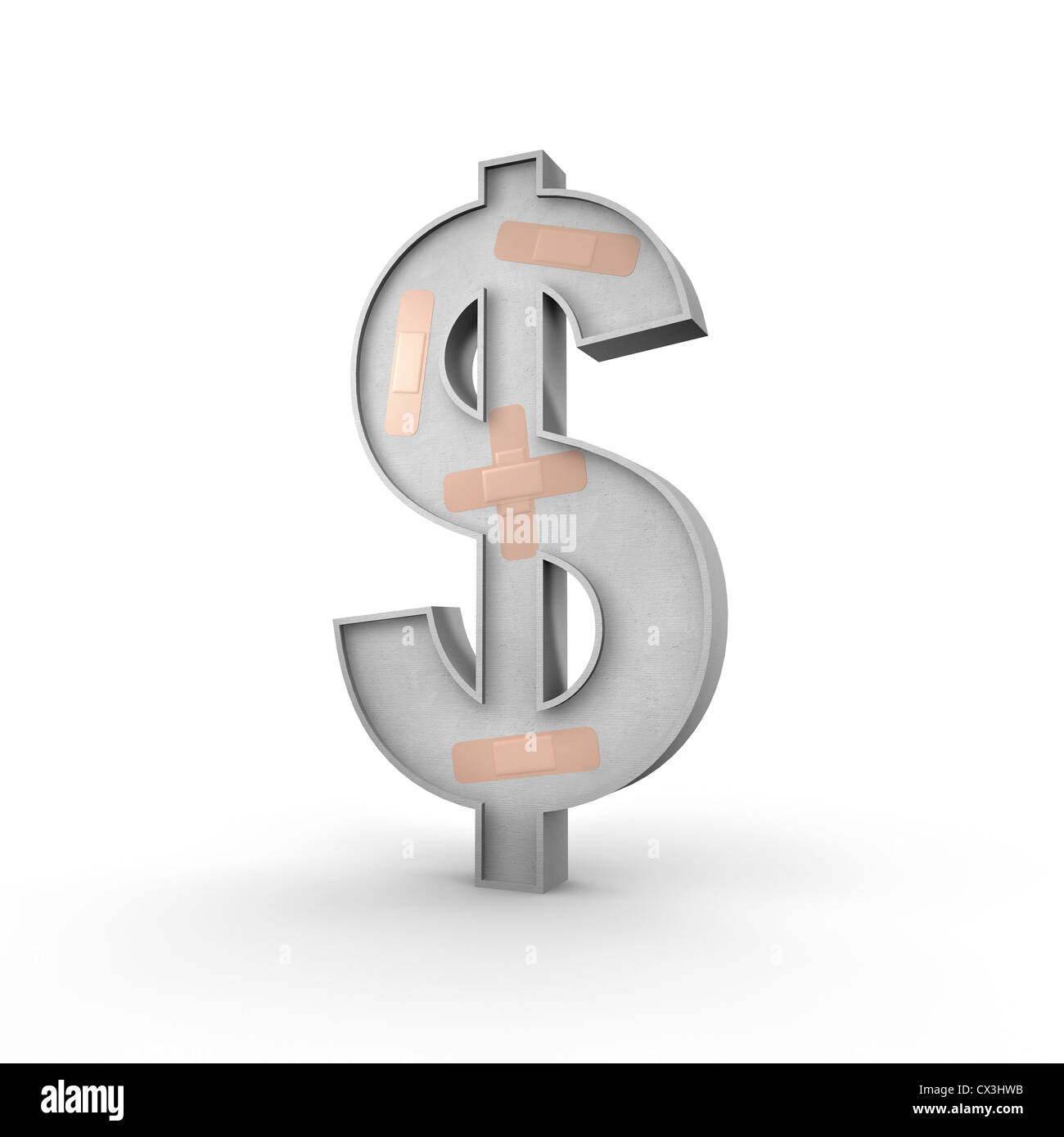 Dollarzeichen mit Pflastern auf der Oberfläche auf weissem Hintergrund - Dollar Sign con bendaggi Foto Stock
