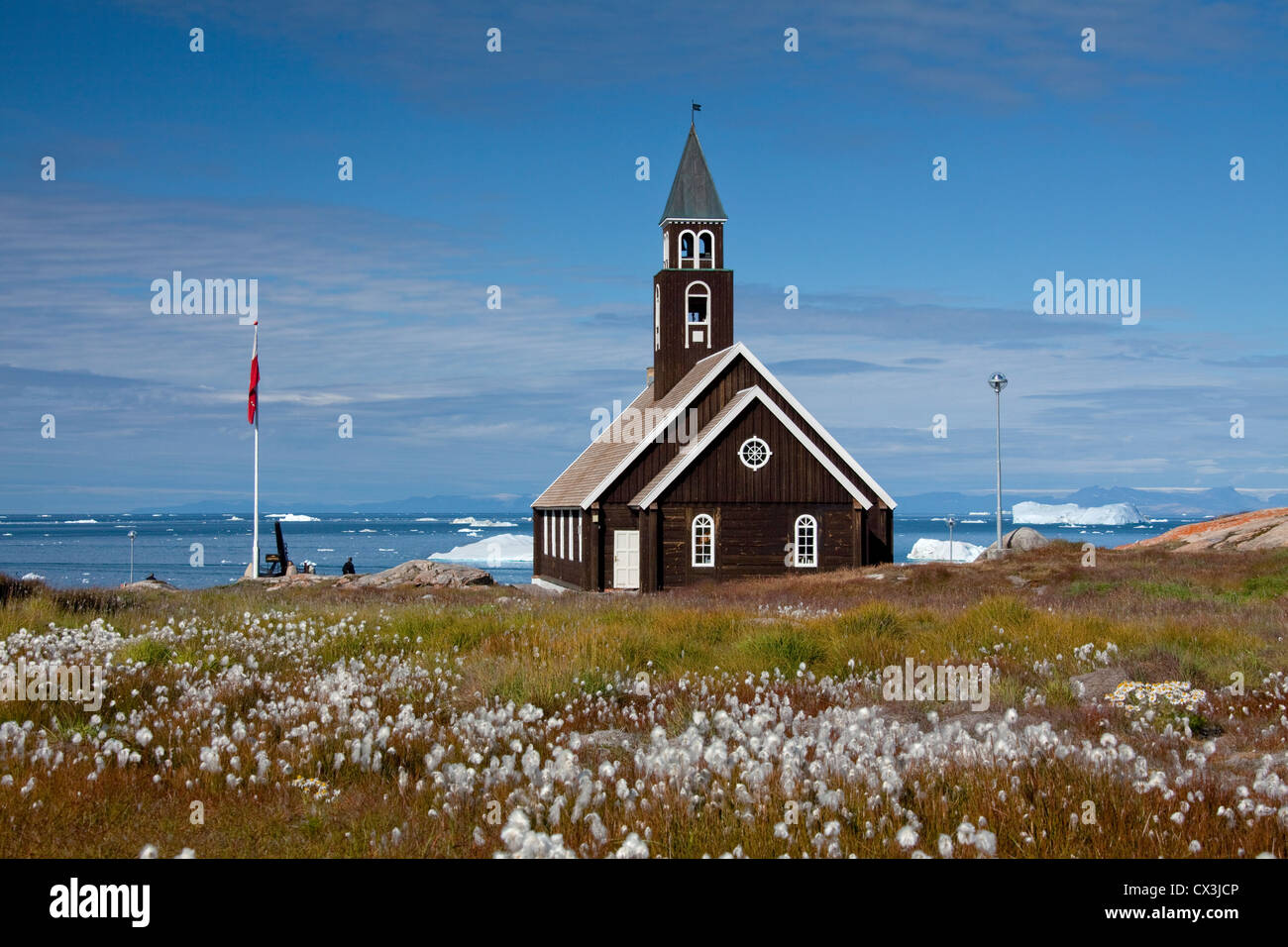 In legno di Sion chiesa a Ilulissat, Jakobshavn, Disko-Bay, West-Greenland, Groenlandia Foto Stock