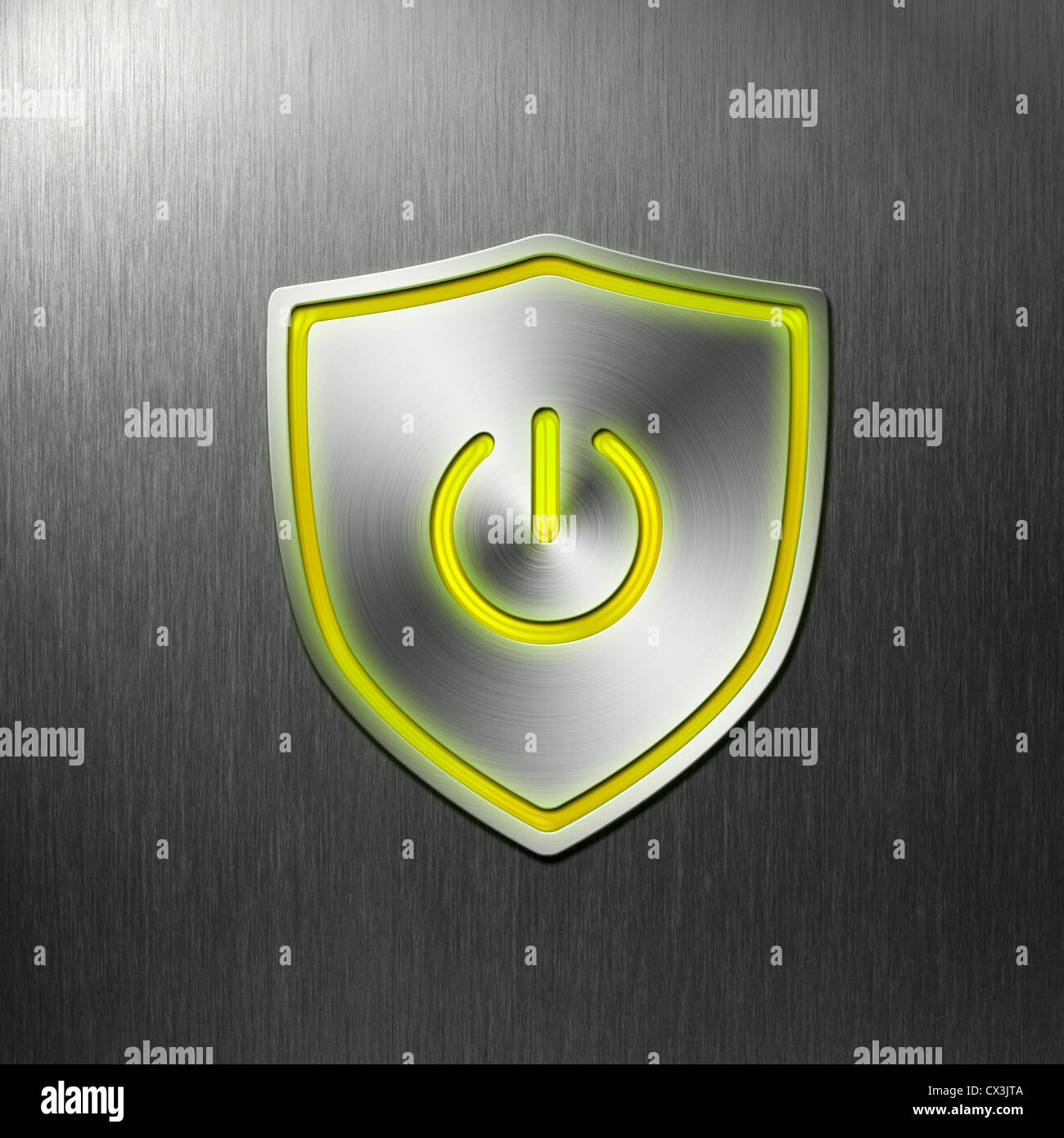 Power Shield pulsante sullo sfondo di alluminio Foto Stock