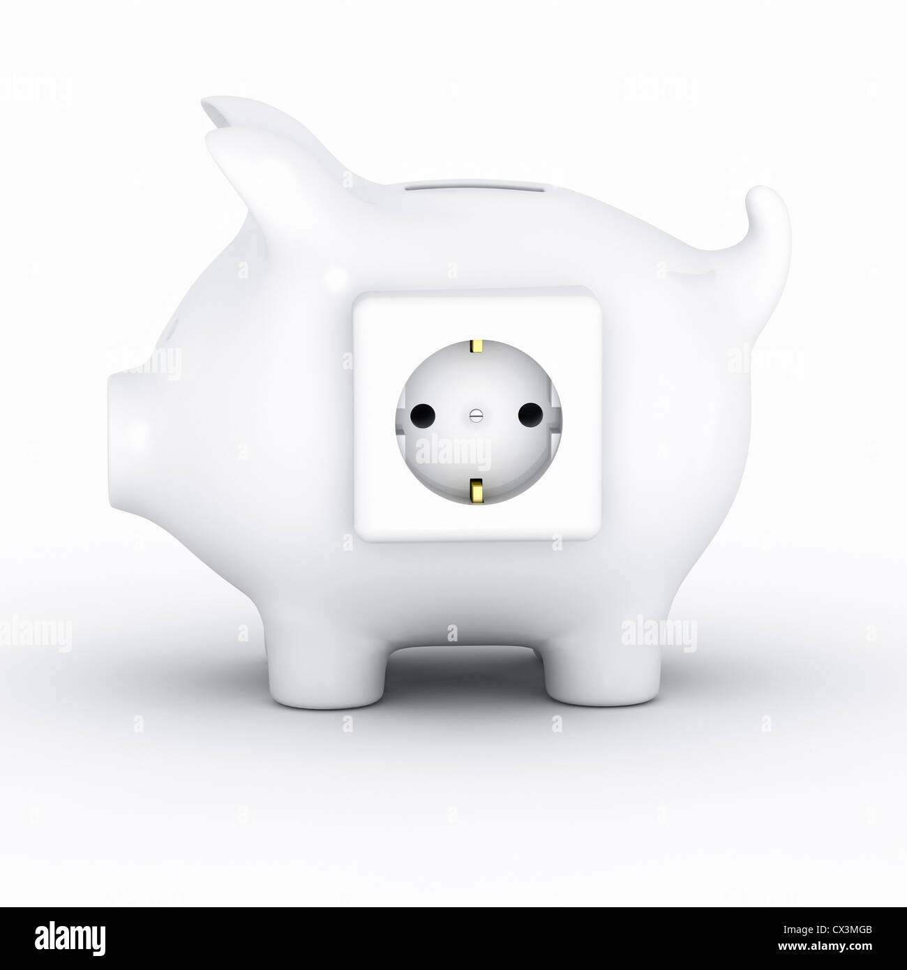 Sparschwein mit Steckdose auf weissem Hintergrund - uscita e salvadanaio Foto Stock