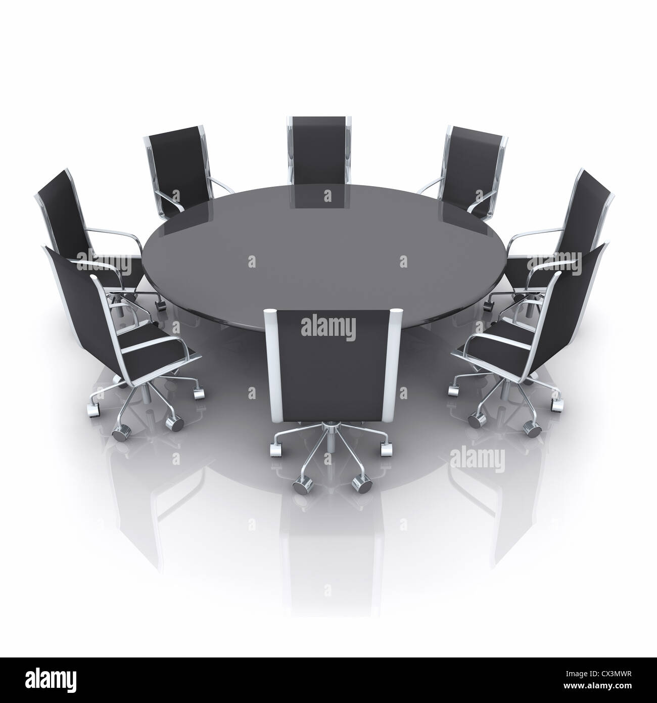 Vuoto contemporanea sala riunioni con un nero lucido sulla tavola bianco - Moderner runder Besprechungstisch mit 8 Stühlen auf weiss Foto Stock