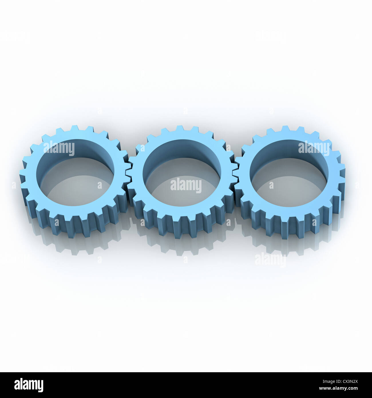 Tre ruote dentate lavorando insieme - 3 blaue Zahnräder in einer Reihe auf weissem Hintergrund Foto Stock