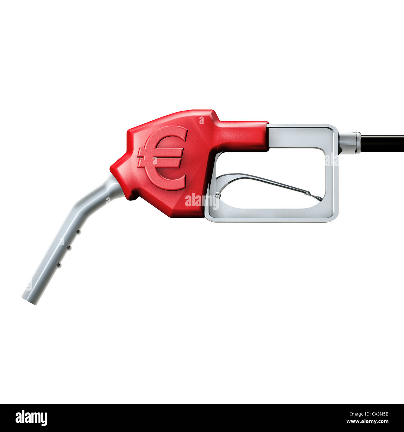 Ugello carburante con il simbolo dell'euro su bianco - Zapfpistole mit Eurozeichen auf weissem Hintergrund Foto Stock