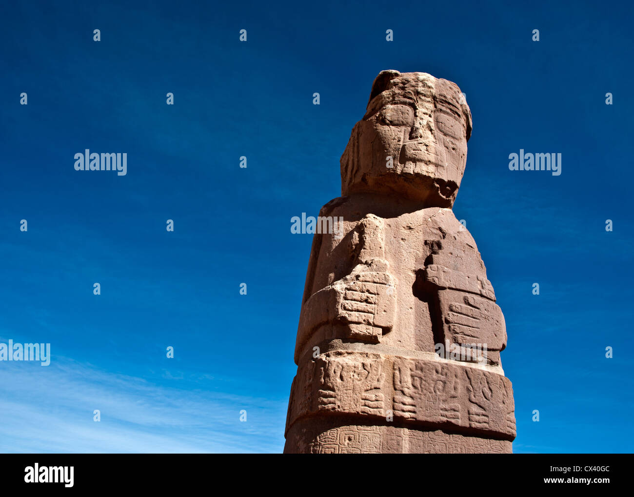 Monolito a Tiwanaku, Altiplano, regione Titicaca, Bolivia Foto Stock