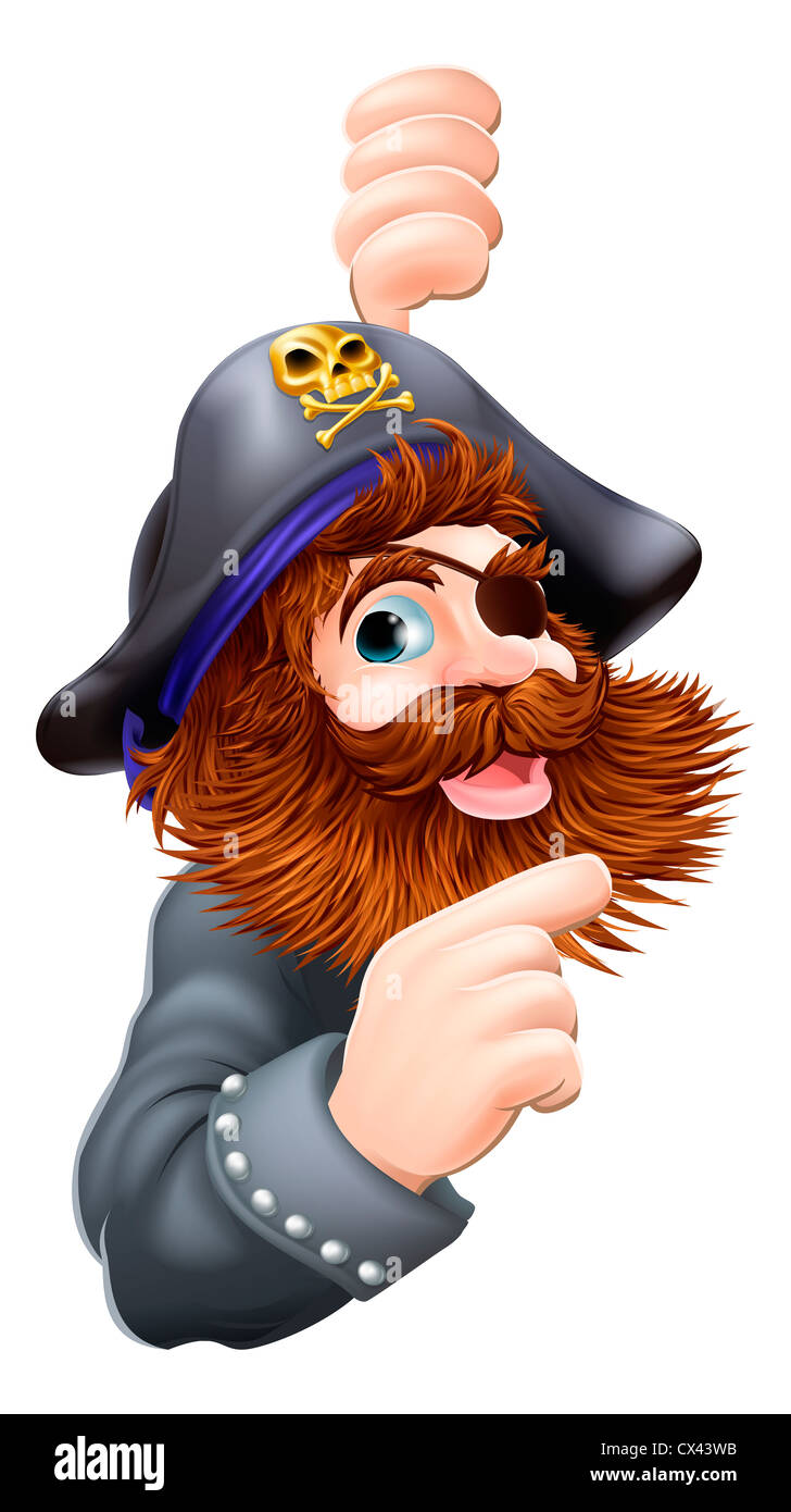 Un cartoon grafico di un pirata con Teschio e Ossa Croce hat sottolineando un messaggio Foto Stock