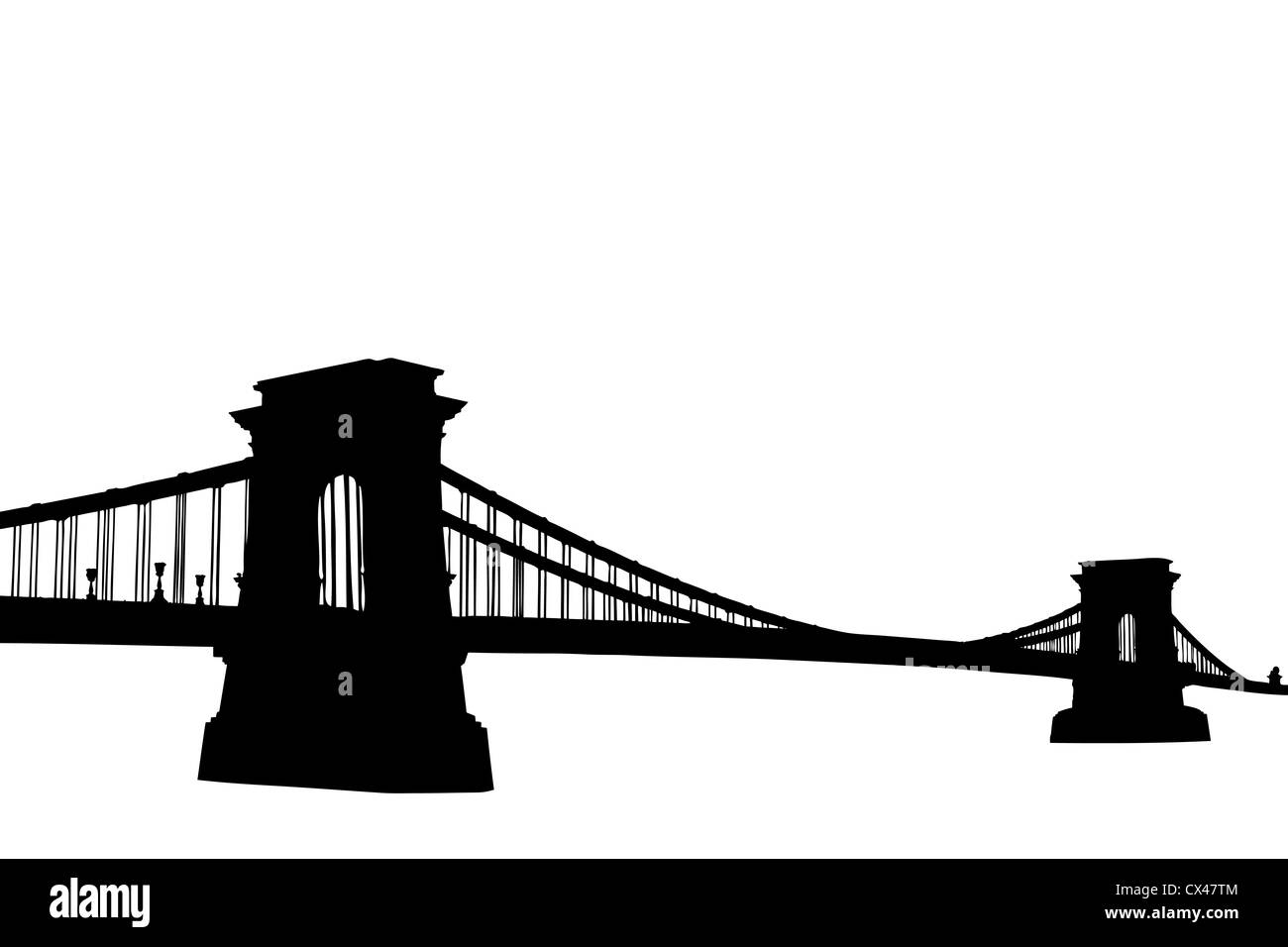Una silhouette di un ponte catena (Szechenyi lanchid) di Budapest, Ungheria, isolati su sfondo bianco Foto Stock