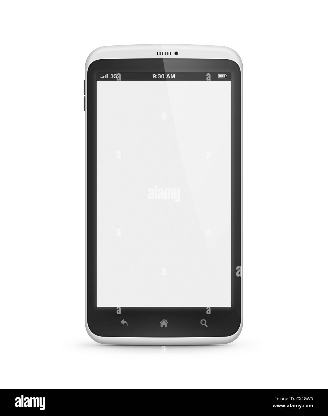 Moderno mobile smartphone con schermo vuoto isolato su bianco. Includere il percorso di clipping per telefono e schermo. Foto Stock