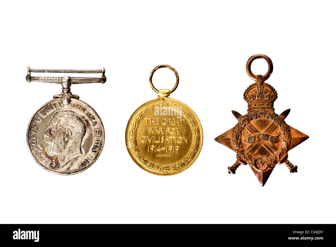 Set di WW1 campagna britannica medaglie ("PIP, Squeak e Wilfred'), compresa la guerra medaglia, la Medaglia Vittoria e la stella di 1914-15. Foto Stock