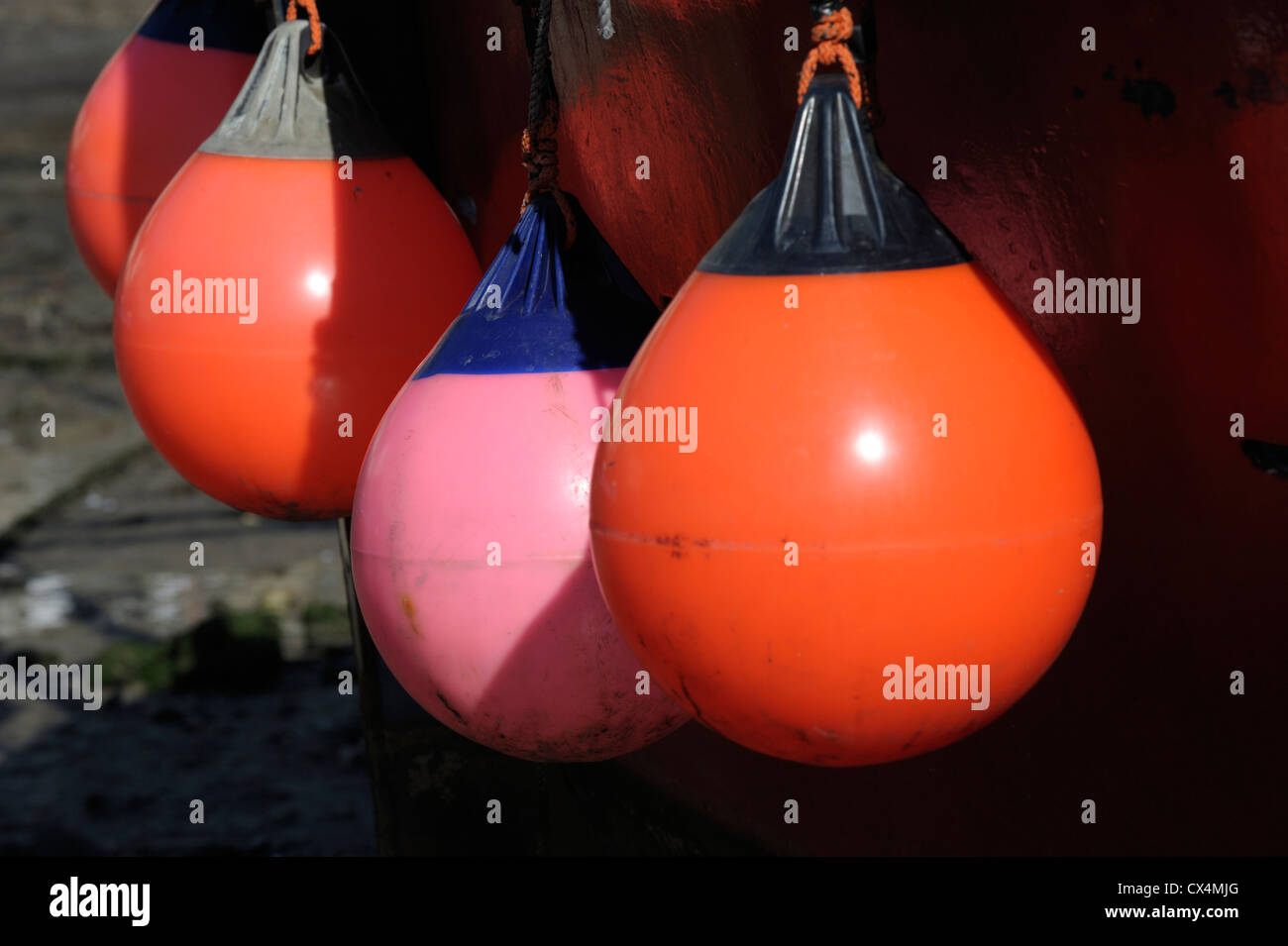 Parafanghi in barca Polperro Foto Stock