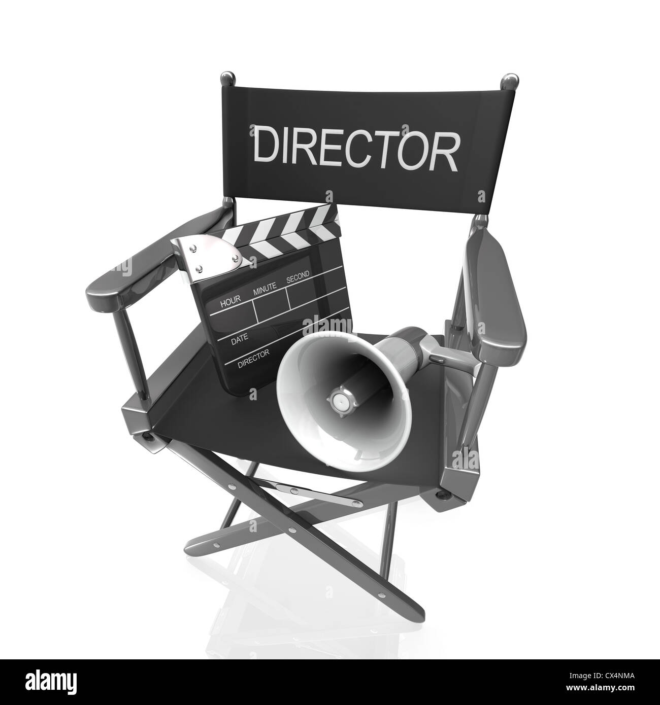 Clapboard e megafono sulla sedia del regista. Foto Stock