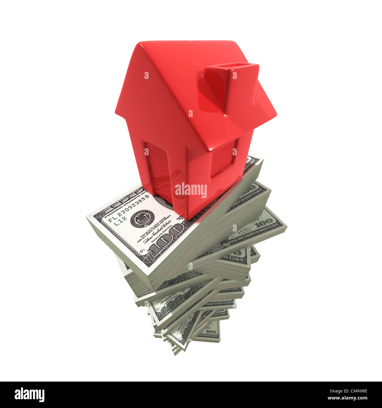 Concetto di casa costosi. Una casa su una pila di dollari. Foto Stock