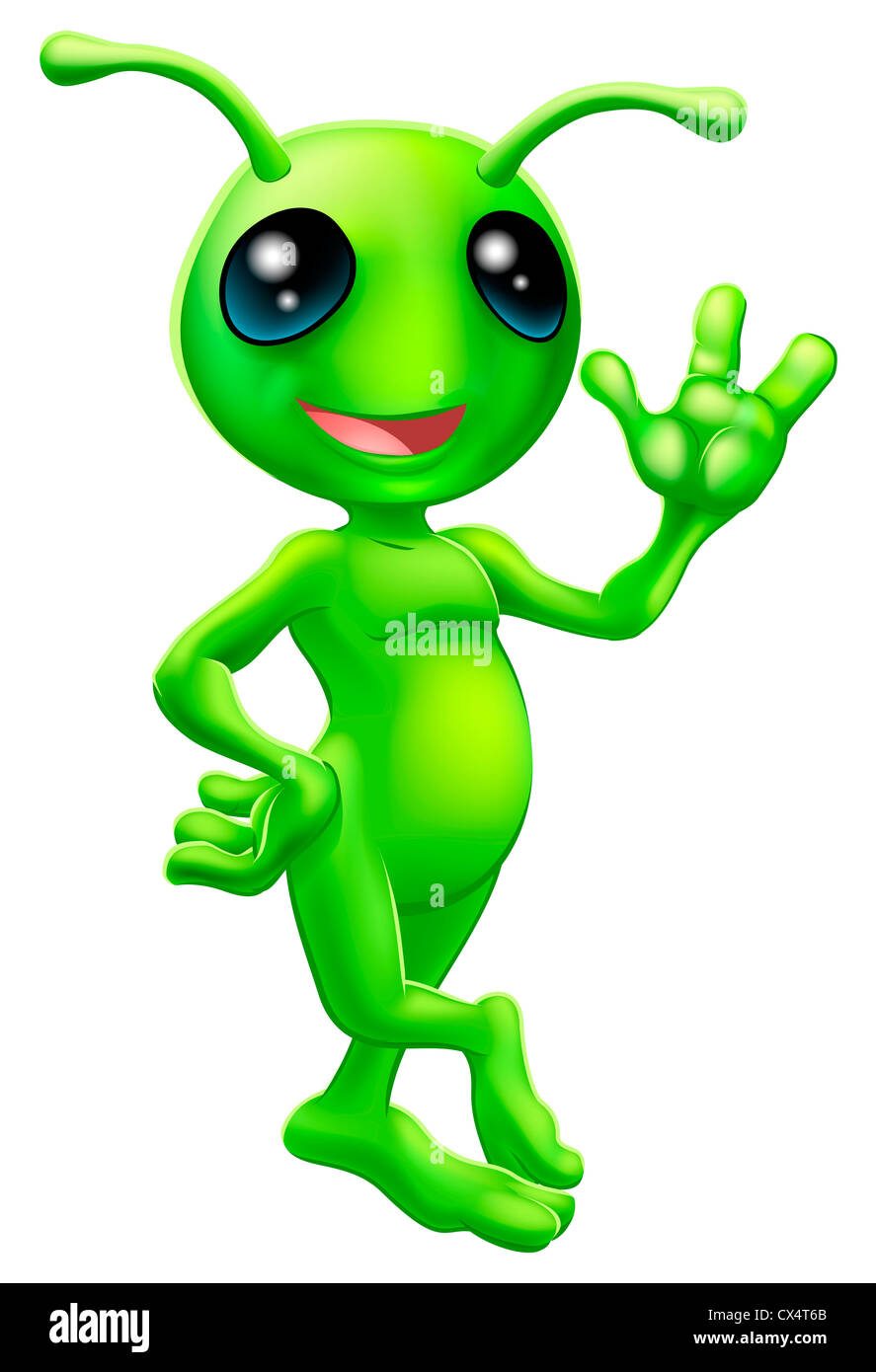 Illustrazione di un cartoon carino piccolo uomo verde mascotte aliena con antenne Sorridendo e agitando Foto Stock