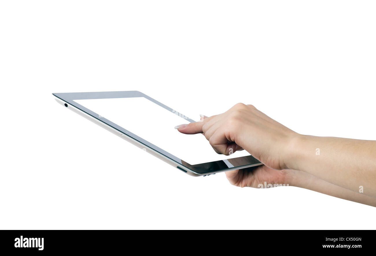 Mani con tablet pc su bianco Foto Stock