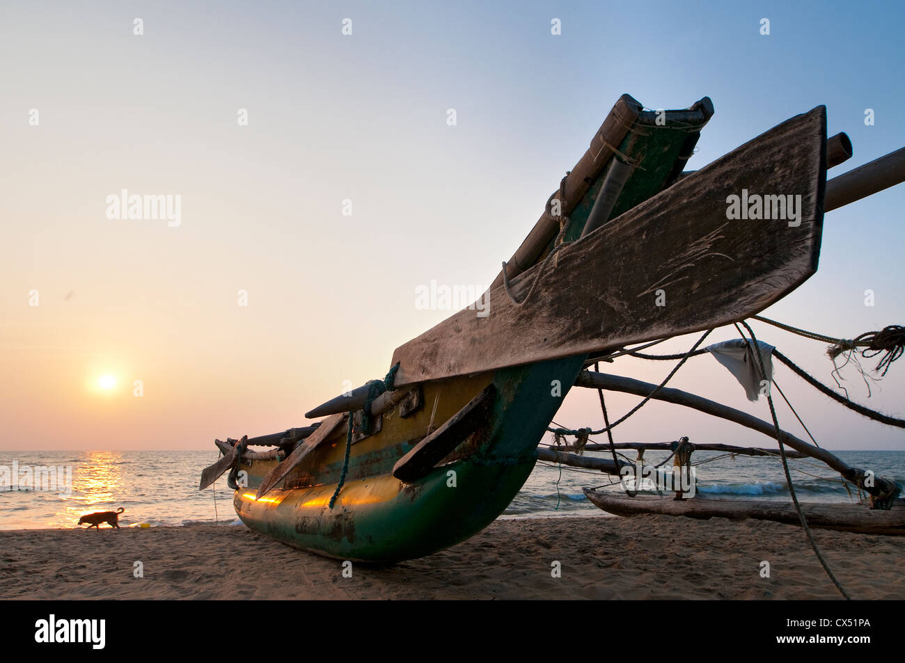 Barche da pesca sulla spiaggia di Negombo al tramonto, Sri Lanka Foto Stock