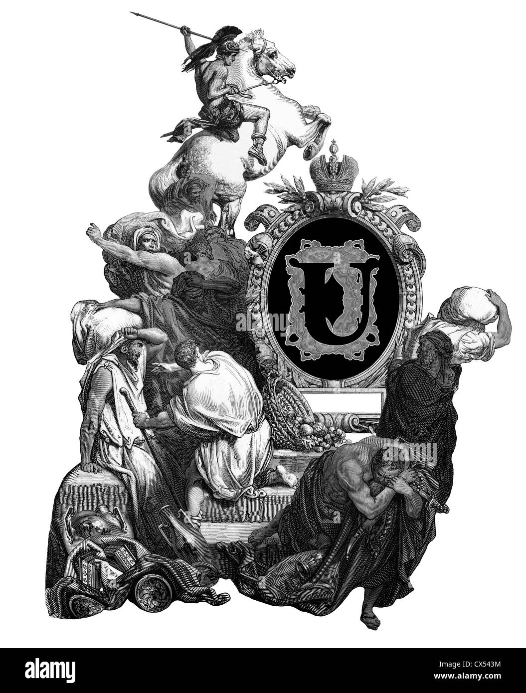Lussuoso iniziali vittoriano lettera U, dopo una incisione da Gustav Dore, "Gesù, bandire i mercanti dal tempio". Foto Stock