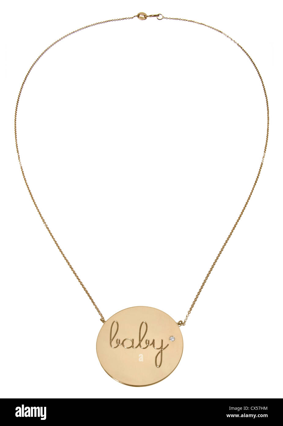 Collana in oro con il bambino inscritto gold circle fotografato su sfondo bianco Foto Stock