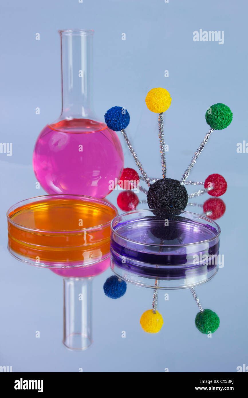 Pallone rosa con arancione e viola in capsule di petri e modelli molecolari Foto Stock
