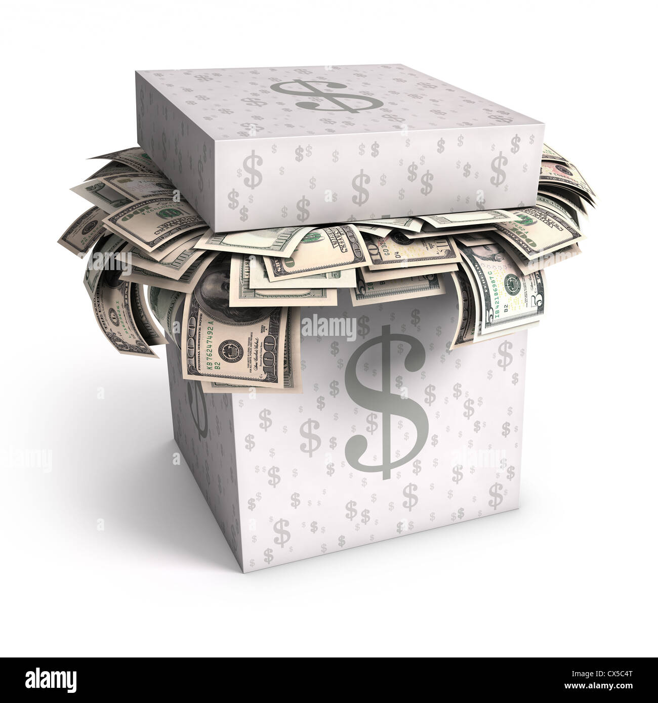 Parecchi Stati Uniti le fatture del dollaro in una scatola di carta con il segno del denaro nella sua consistenza. Foto Stock