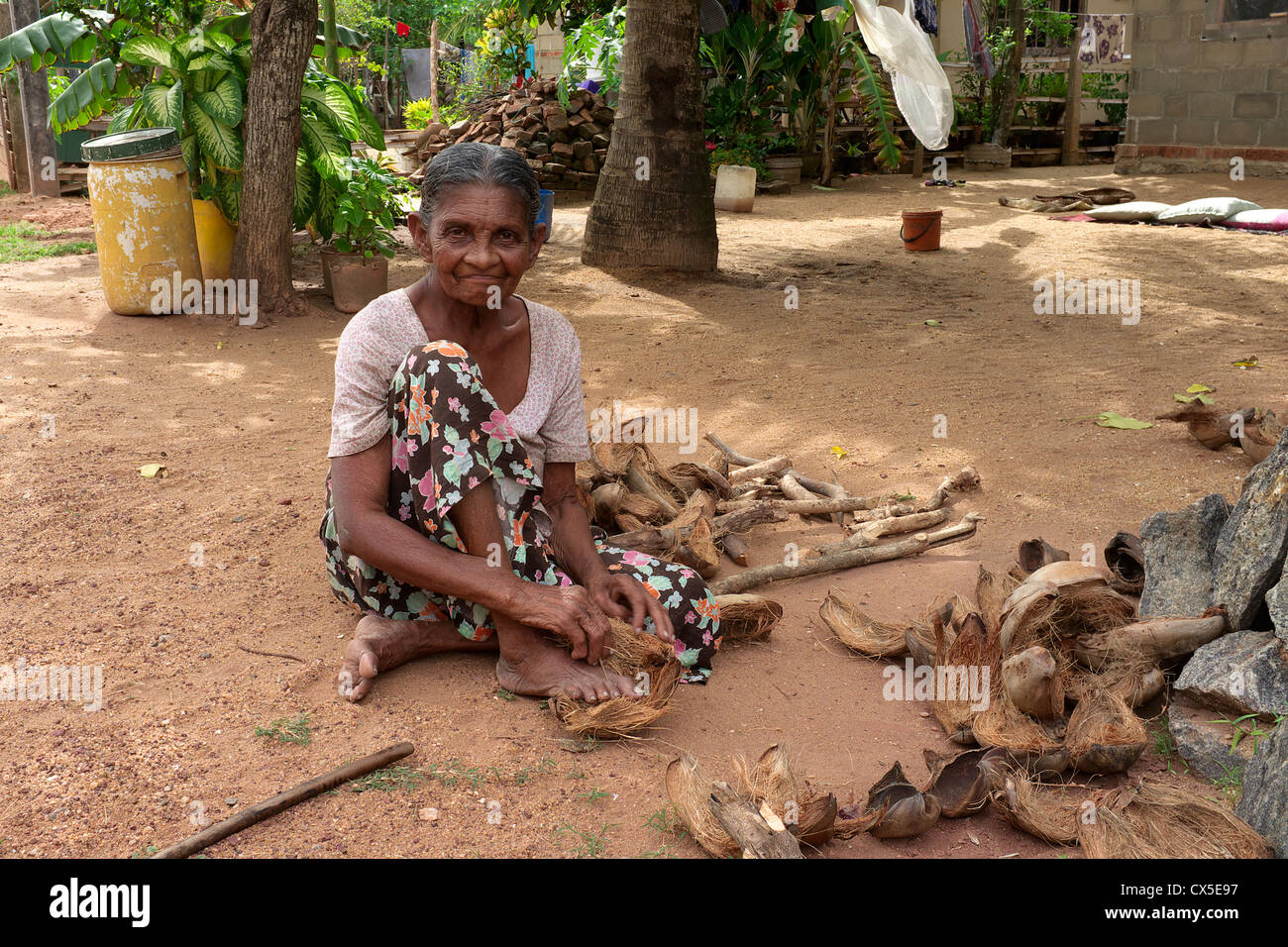 Vecchia donna prendendo la fibra da un guscio di noce di cocco, Waikkal village, Sri Lanka Foto Stock