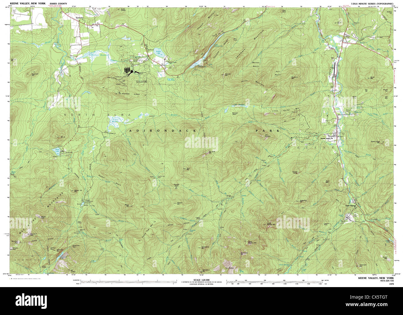 Altamente vista dettagliata del 1979 mappa topografica per Keene Valley, NY Foto Stock
